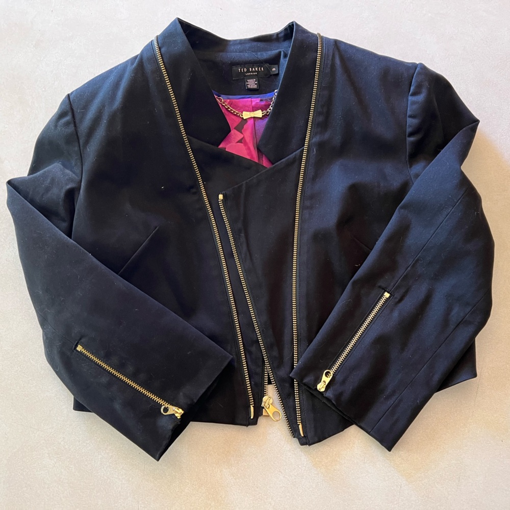 Ted Baker Black Asymmetrical Cropped Blazer with Gold Zippers
